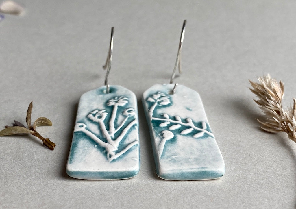 Ceramic Botanical Dangle Earrings - Sea Green Glaze - Handmade Recycled Silver Wires