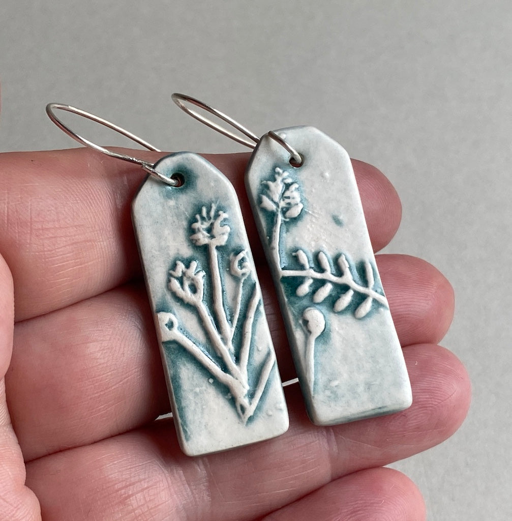 Ceramic Botanical Dangle Earrings - Sea Green Glaze - Handmade Recycled Silver Wires