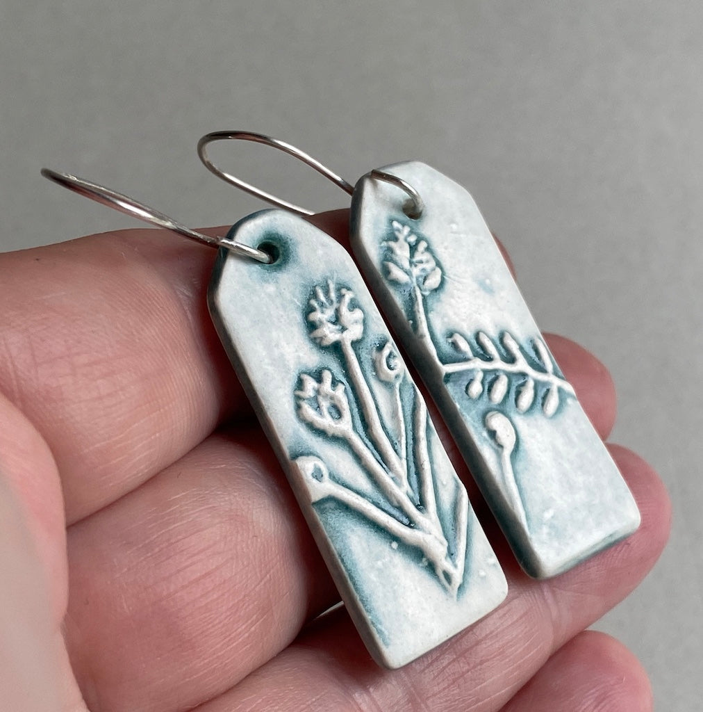 Ceramic Botanical Dangle Earrings - Sea Green Glaze - Handmade Recycled Silver Wires