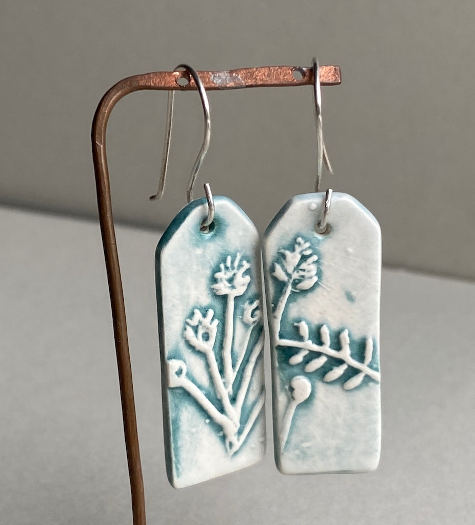 Ceramic Botanical Dangle Earrings - Sea Green Glaze - Handmade Recycled Silver Wires