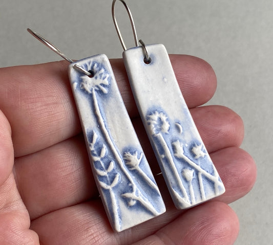Ceramic Botanical Dangle Earrings - Lilac Blue Glaze - Handmade Recycled Silver Wires