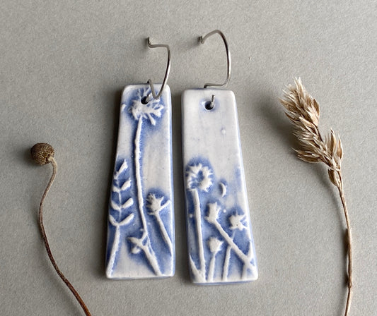Ceramic Botanical Dangle Earrings - Lilac Blue Glaze - Handmade Recycled Silver Wires