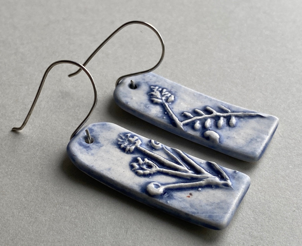 Ceramic Botanical Dangle Earrings - Navy Blue Glaze - Handmade Recycled Silver Wires