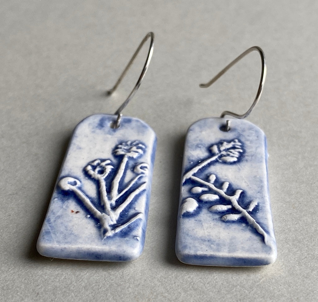 Ceramic Botanical Dangle Earrings - Navy Blue Glaze - Handmade Recycled Silver Wires