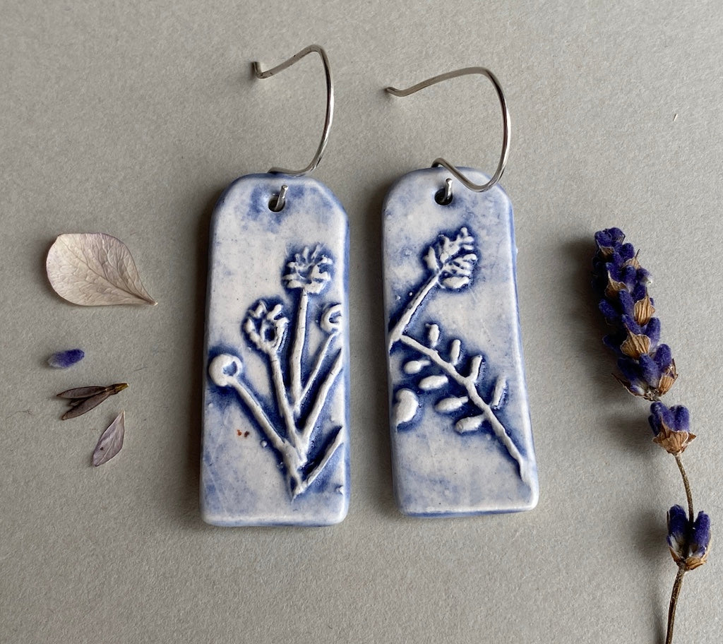 Ceramic Botanical Dangle Earrings - Navy Blue Glaze - Handmade Recycled Silver Wires