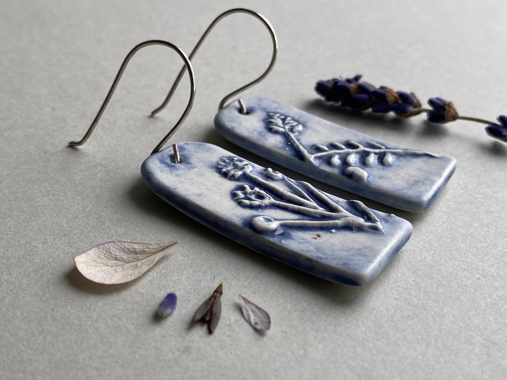 Ceramic Botanical Dangle Earrings - Navy Blue Glaze - Handmade Recycled Silver Wires