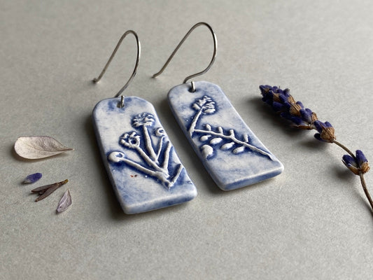 Ceramic Botanical Dangle Earrings - Navy Blue Glaze - Handmade Recycled Silver Wires