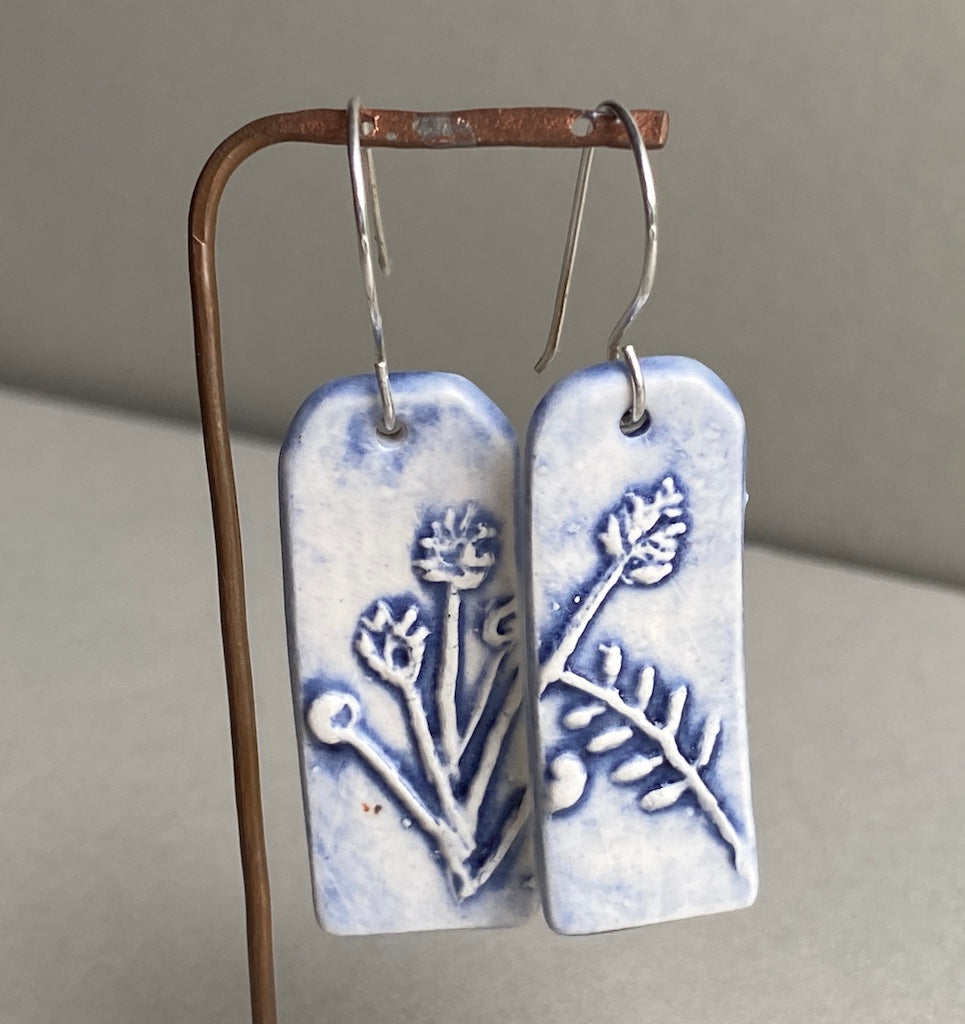 Ceramic Botanical Dangle Earrings - Navy Blue Glaze - Handmade Recycled Silver Wires