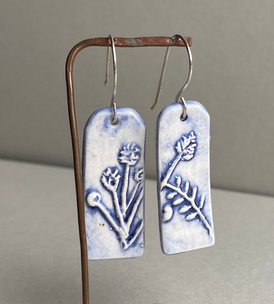 Ceramic Botanical Dangle Earrings - Navy Blue Glaze - Handmade Recycled Silver Wires