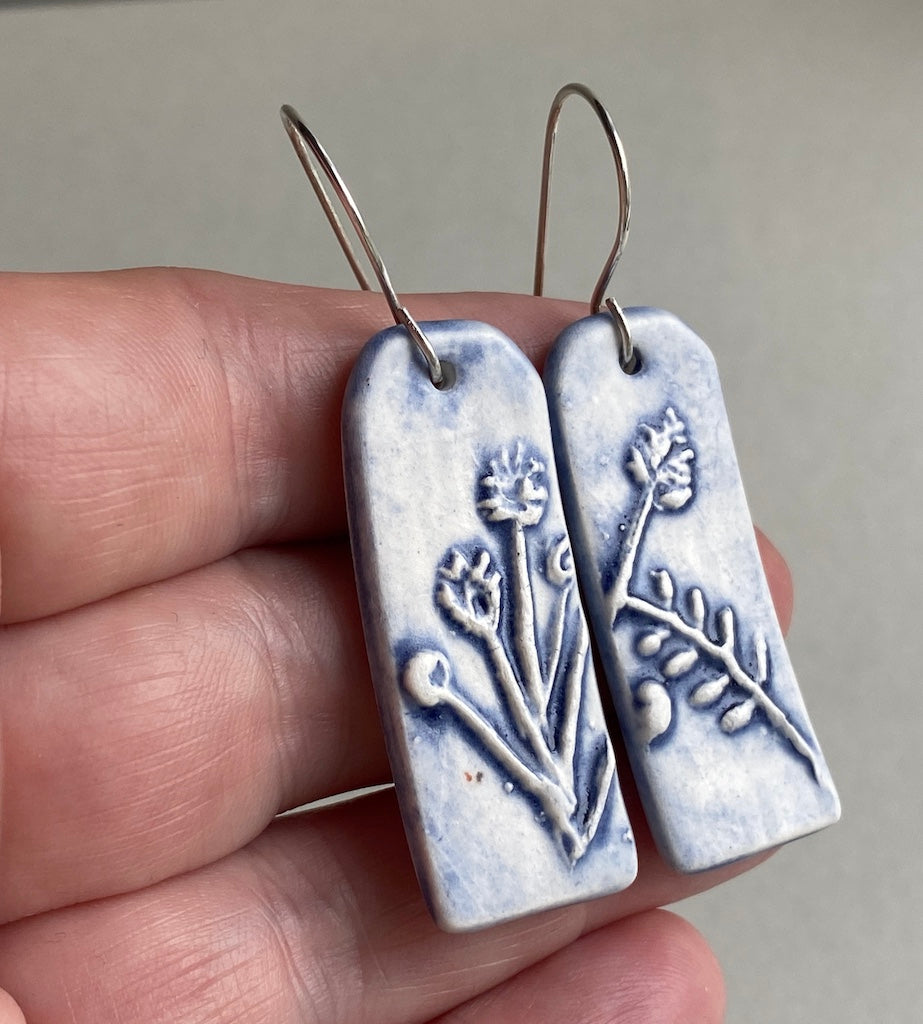 Ceramic Botanical Dangle Earrings - Navy Blue Glaze - Handmade Recycled Silver Wires
