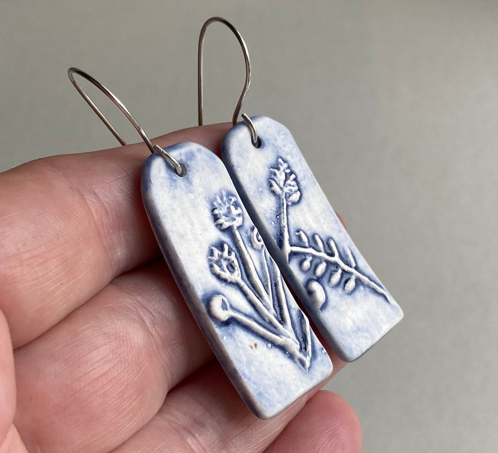 Ceramic Botanical Dangle Earrings - Navy Blue Glaze - Handmade Recycled Silver Wires