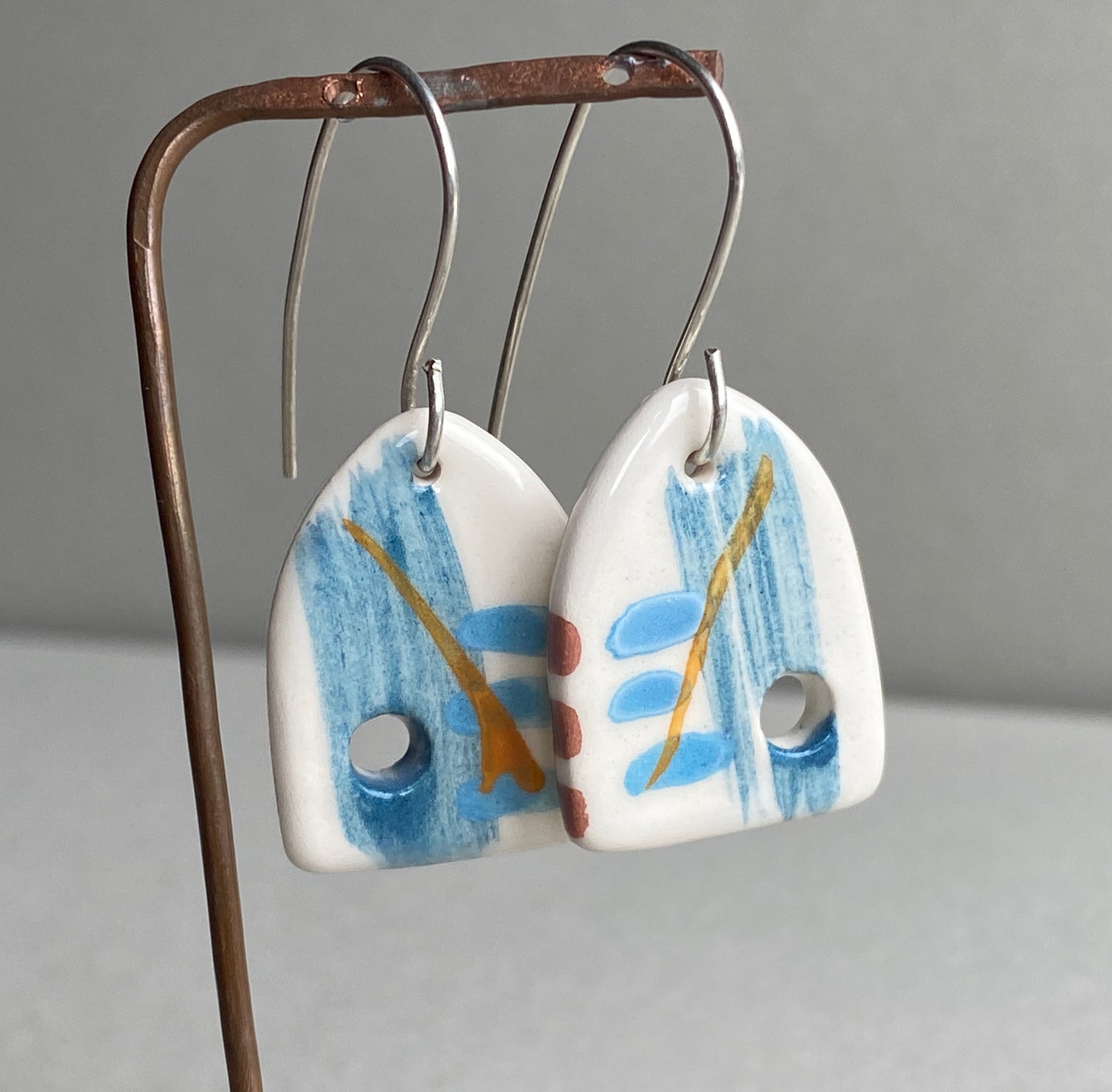 Ceramic Coastal Dangle Earrings - Navy Blue Glaze - Handmade Recycled Silver Wires