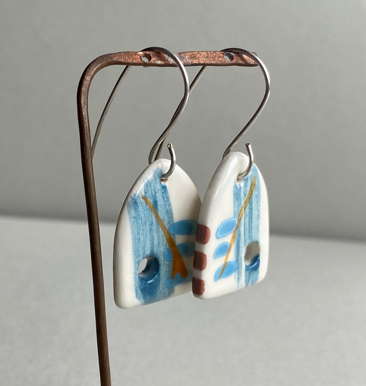 Ceramic Coastal Dangle Earrings - Navy Blue Glaze - Handmade Recycled Silver Wires