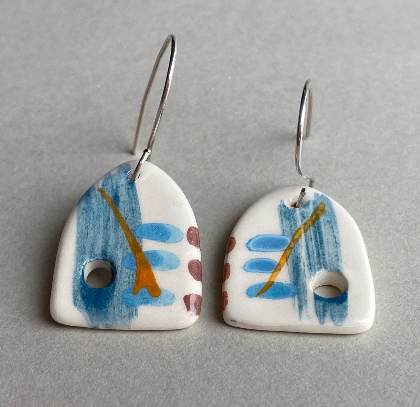 Ceramic Coastal Dangle Earrings - Navy Blue Glaze - Handmade Recycled Silver Wires