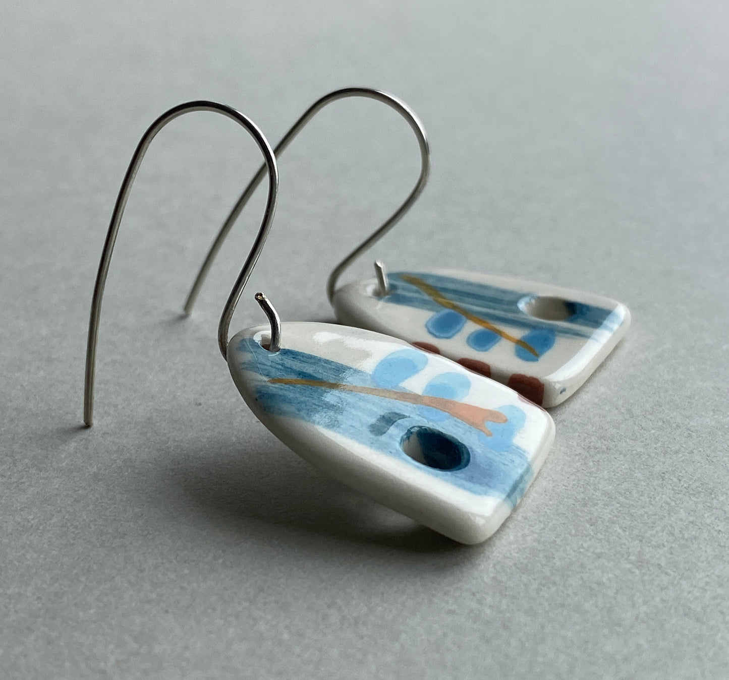 Ceramic Coastal Dangle Earrings - Navy Blue Glaze - Handmade Recycled Silver Wires