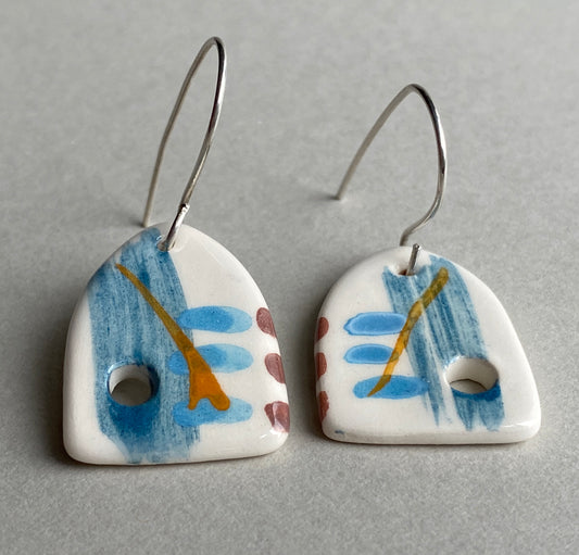 Ceramic Coastal Dangle Earrings - Navy Blue Glaze - Handmade Recycled Silver Wires