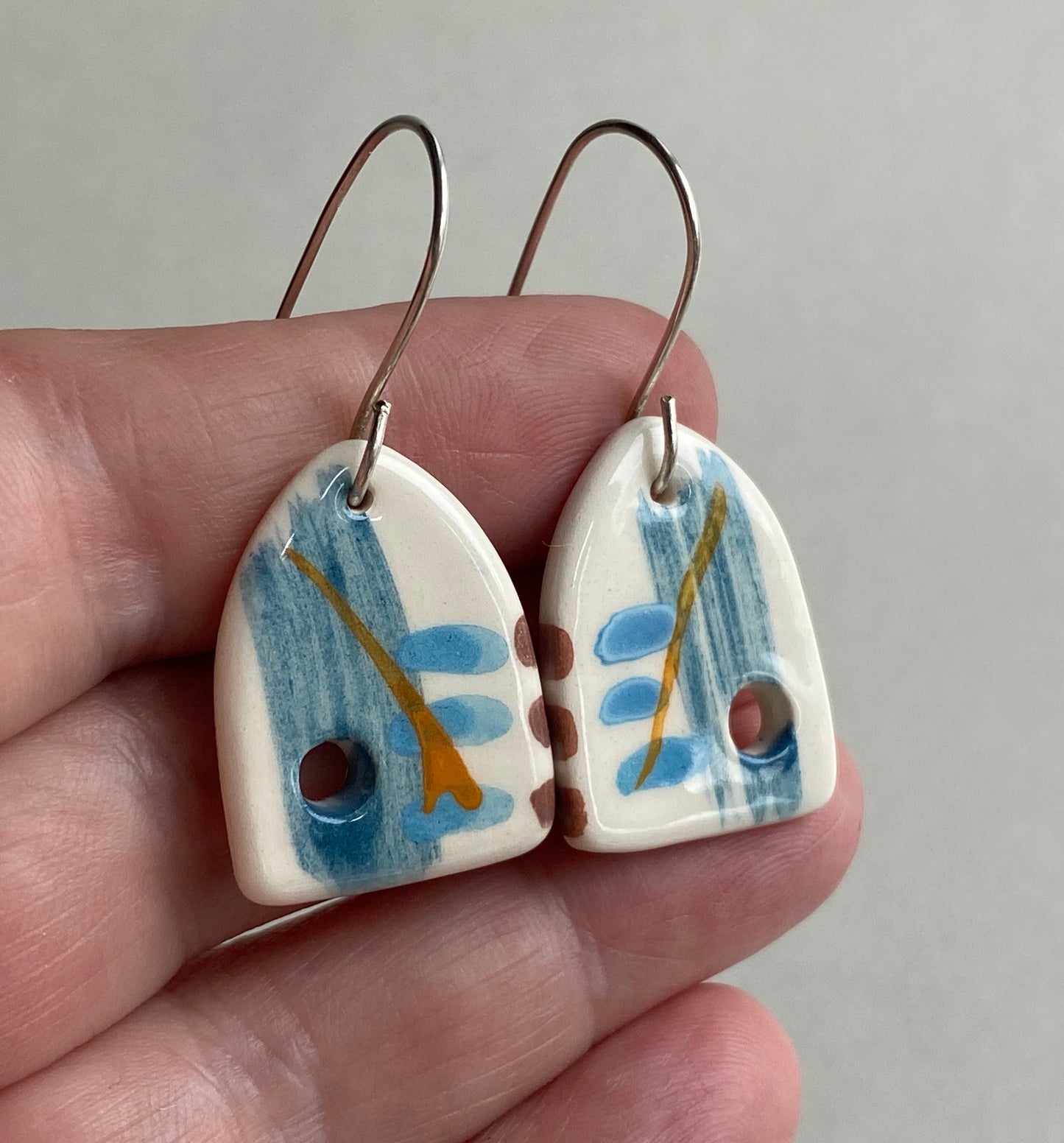 Ceramic Coastal Dangle Earrings - Navy Blue Glaze - Handmade Recycled Silver Wires