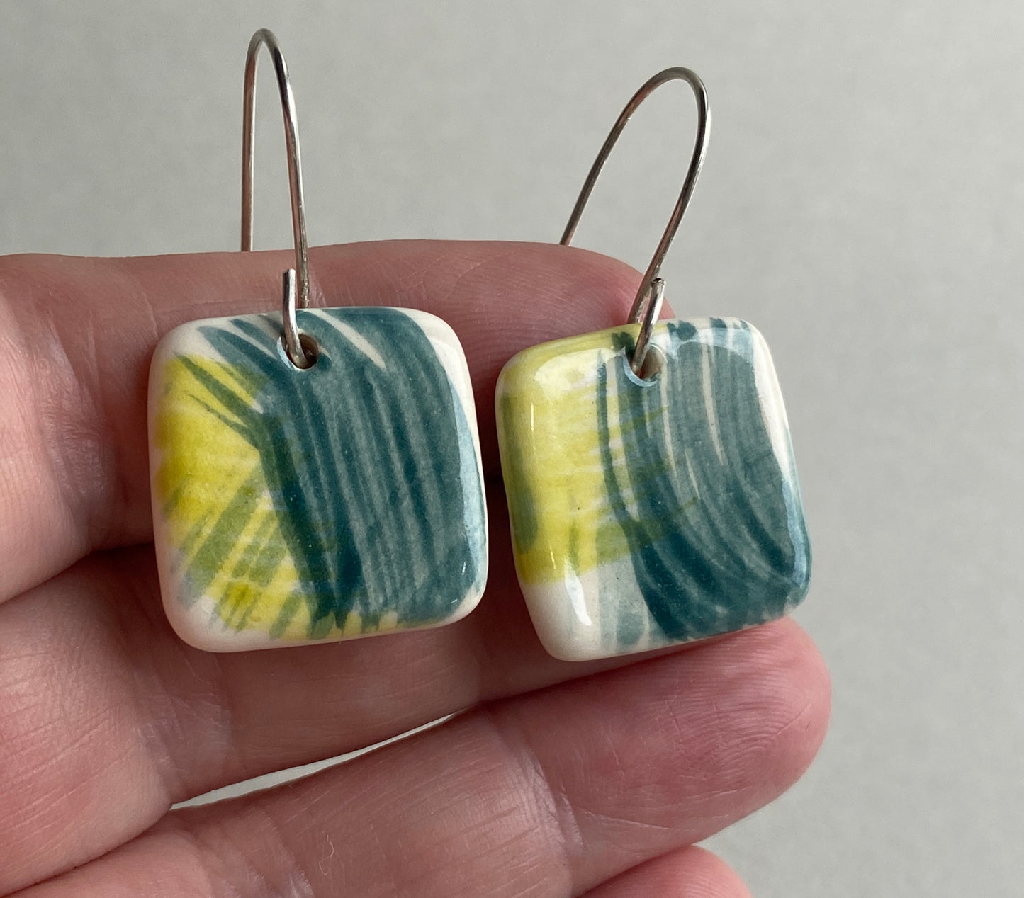 Ceramic Coastal Dangle Earrings - Zesty Lime and Teal - Handmade Recycled Silver Wires