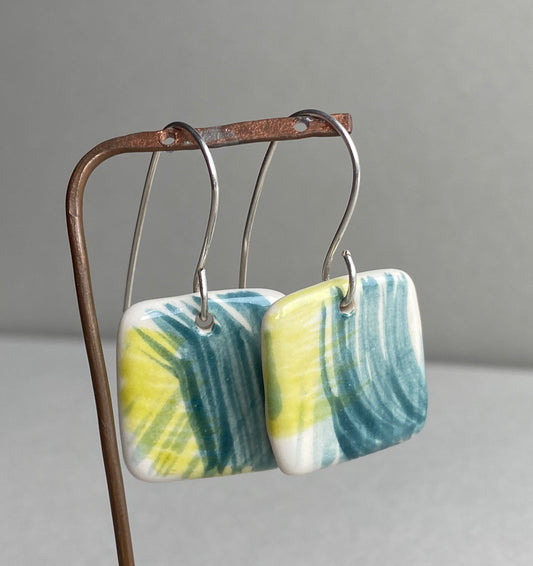 Ceramic Coastal Dangle Earrings - Zesty Lime and Teal - Handmade Recycled Silver Wires