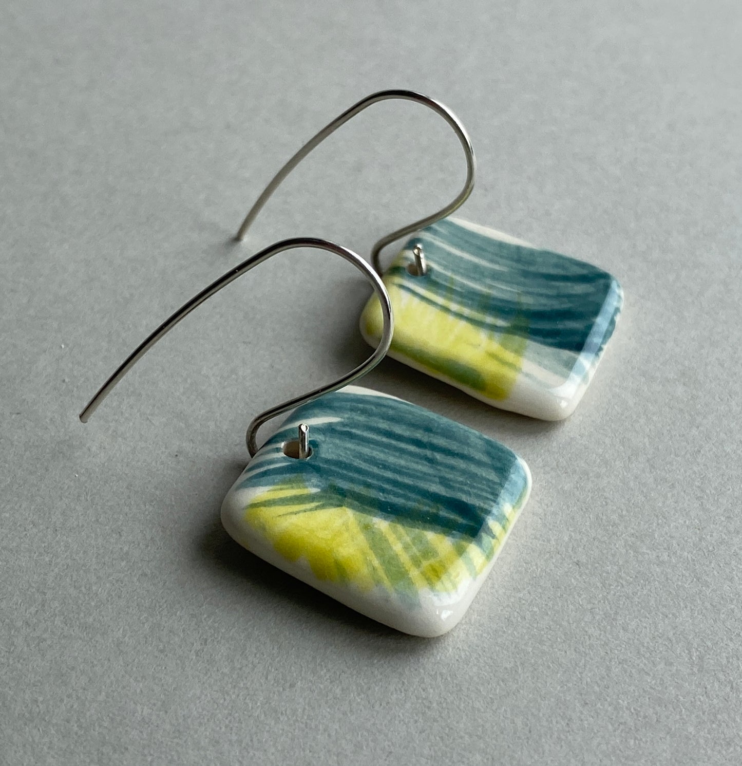 Ceramic Coastal Dangle Earrings - Zesty Lime and Teal - Handmade Recycled Silver Wires