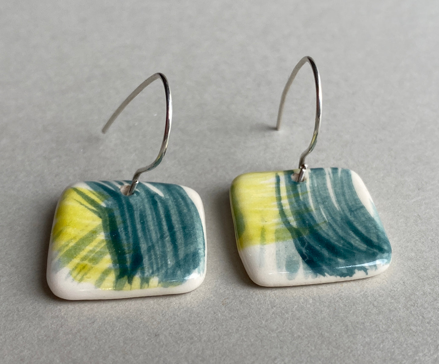 Ceramic Coastal Dangle Earrings - Zesty Lime and Teal - Handmade Recycled Silver Wires