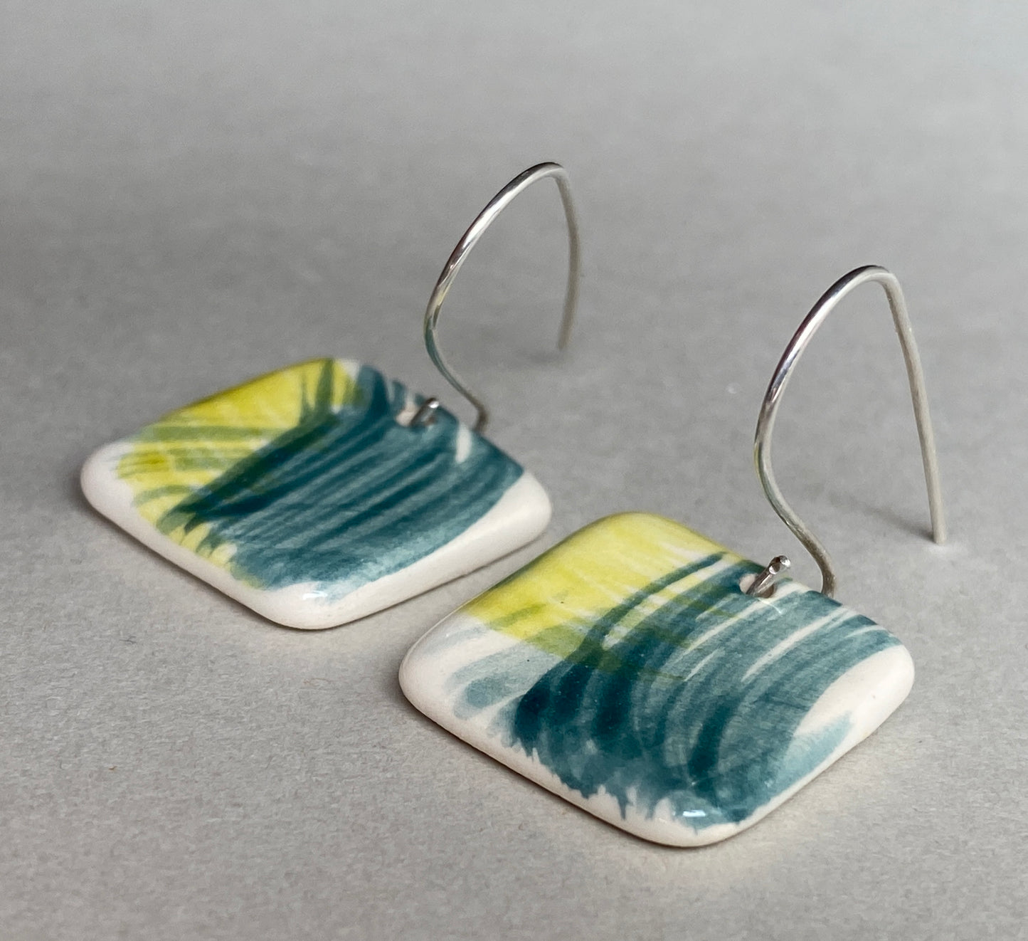 Ceramic Coastal Dangle Earrings - Zesty Lime and Teal - Handmade Recycled Silver Wires