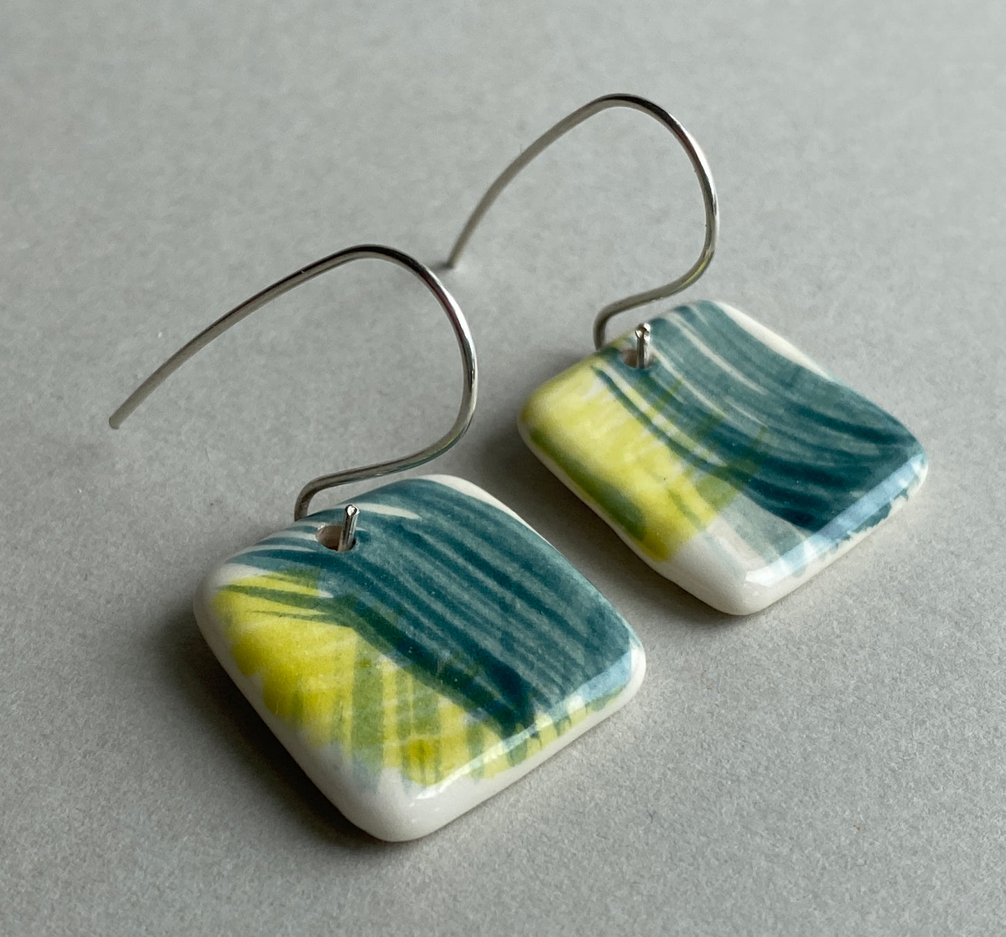 Ceramic Coastal Dangle Earrings - Zesty Lime and Teal - Handmade Recycled Silver Wires