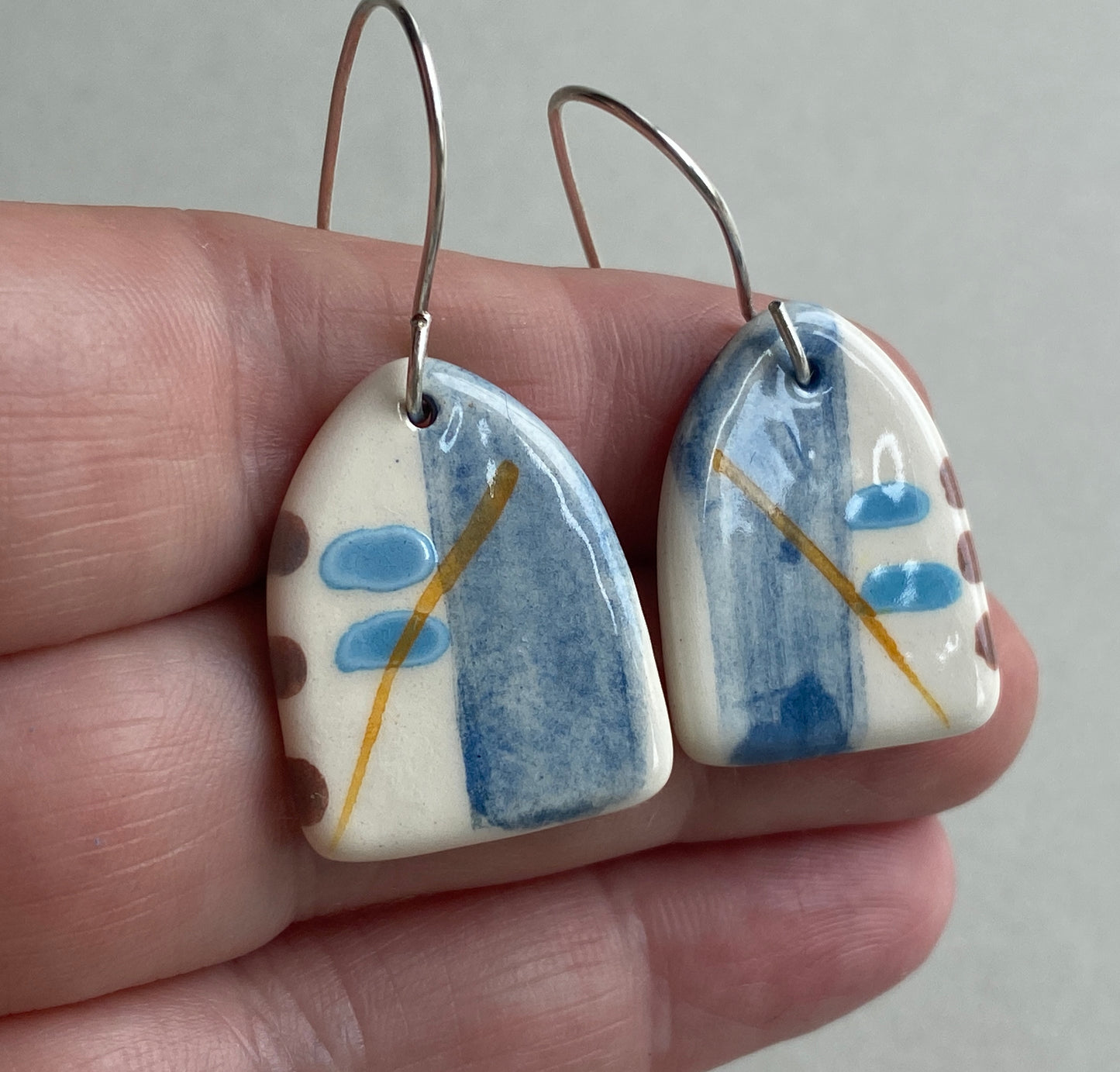 Ceramic Coastal Dangle Earrings - Navy Blue Glaze - Handmade Recycled Silver Wires