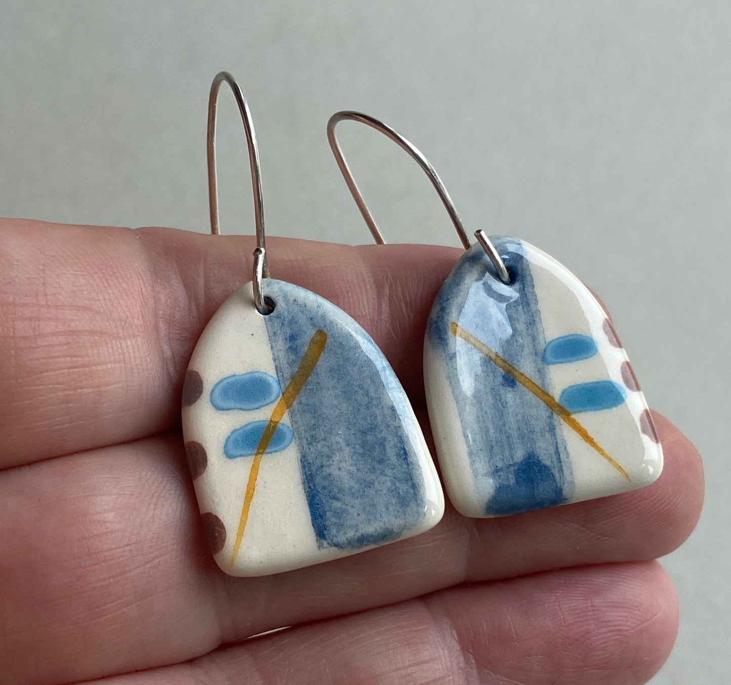Ceramic Coastal Dangle Earrings - Navy Blue Glaze - Handmade Recycled Silver Wires