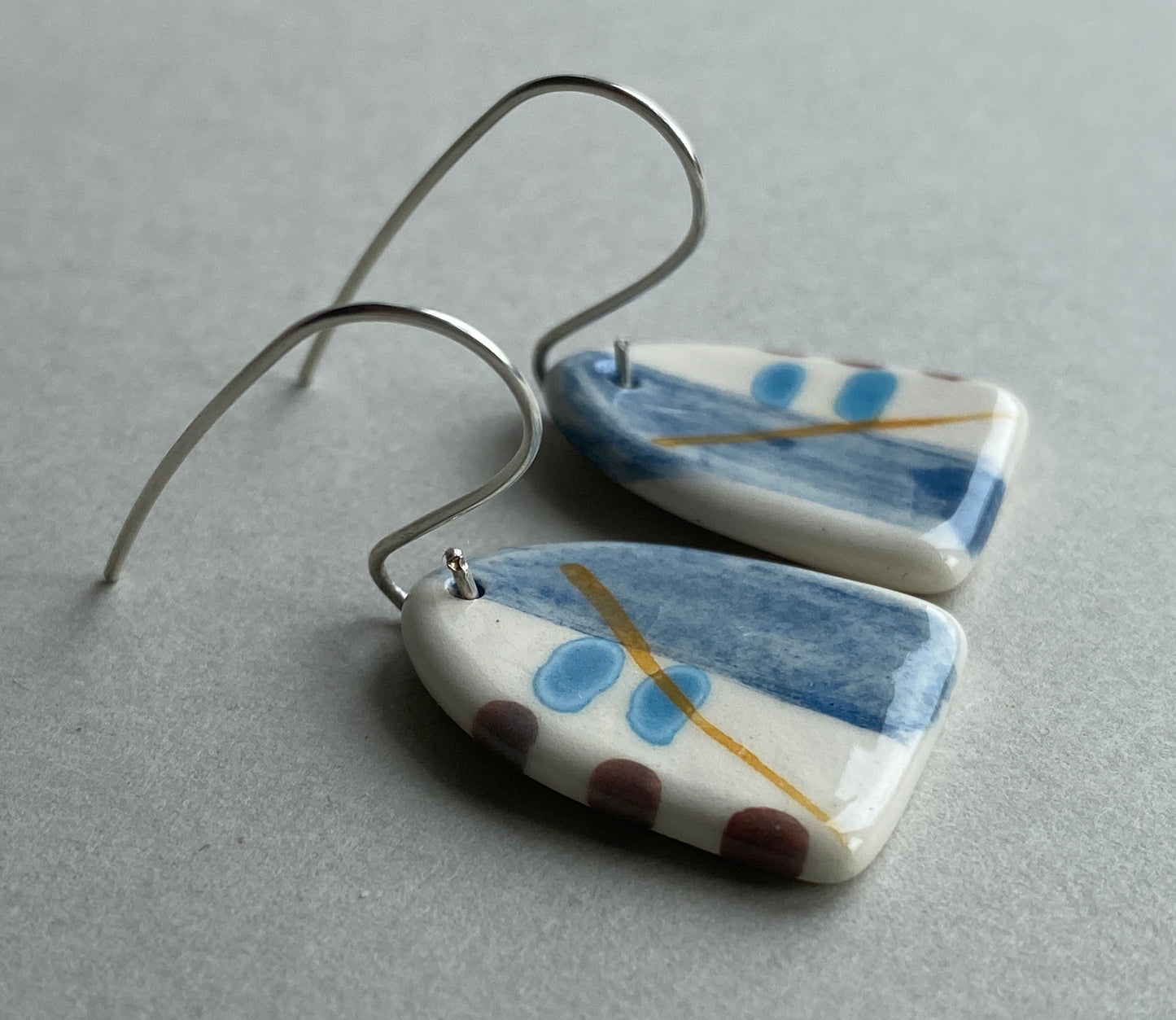 Ceramic Coastal Dangle Earrings - Navy Blue Glaze - Handmade Recycled Silver Wires