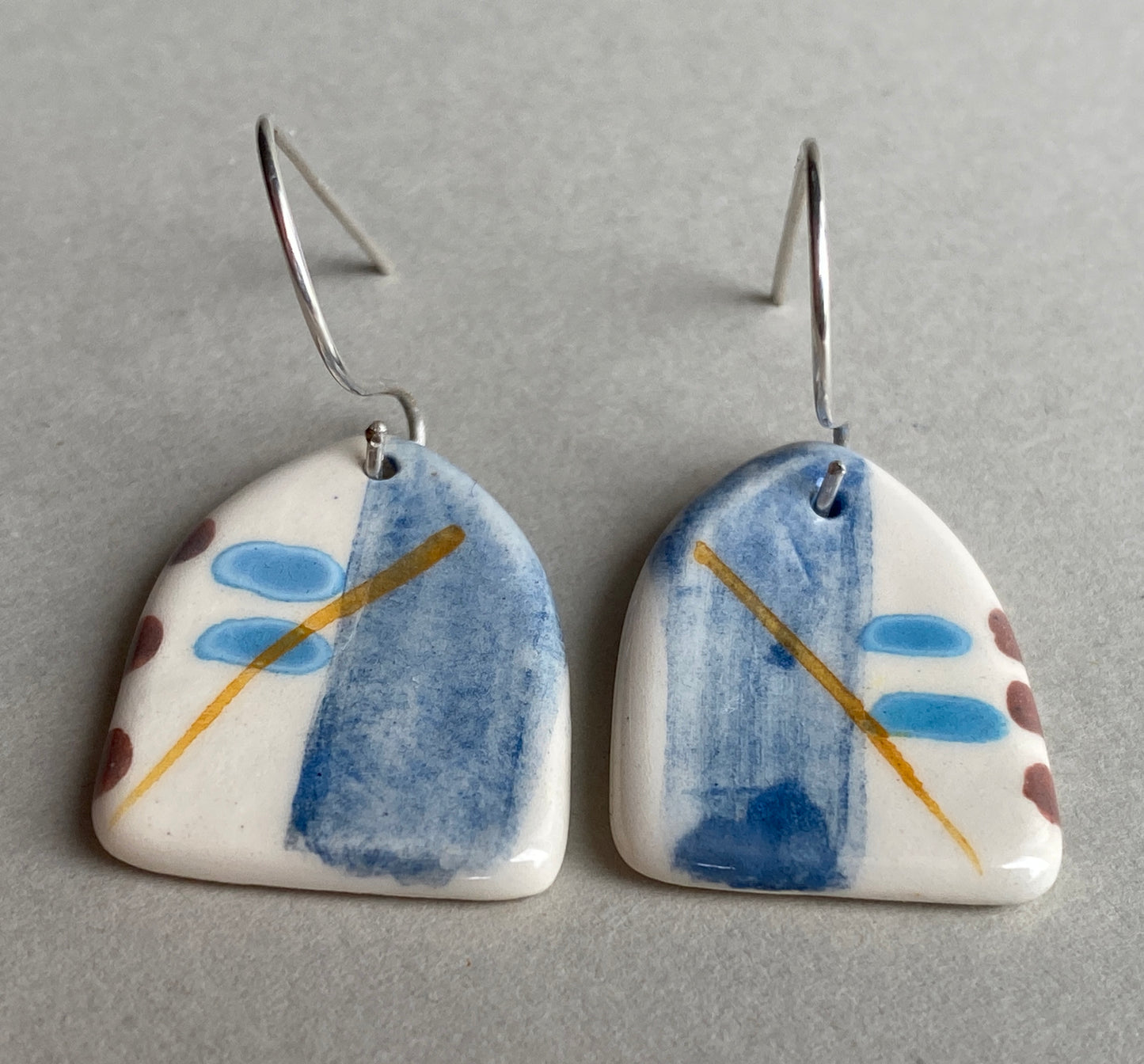 Ceramic Coastal Dangle Earrings - Navy Blue Glaze - Handmade Recycled Silver Wires