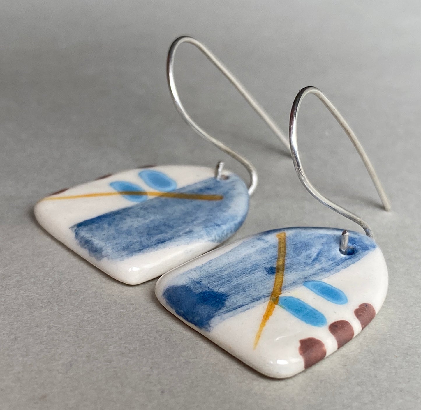Ceramic Coastal Dangle Earrings - Navy Blue Glaze - Handmade Recycled Silver Wires