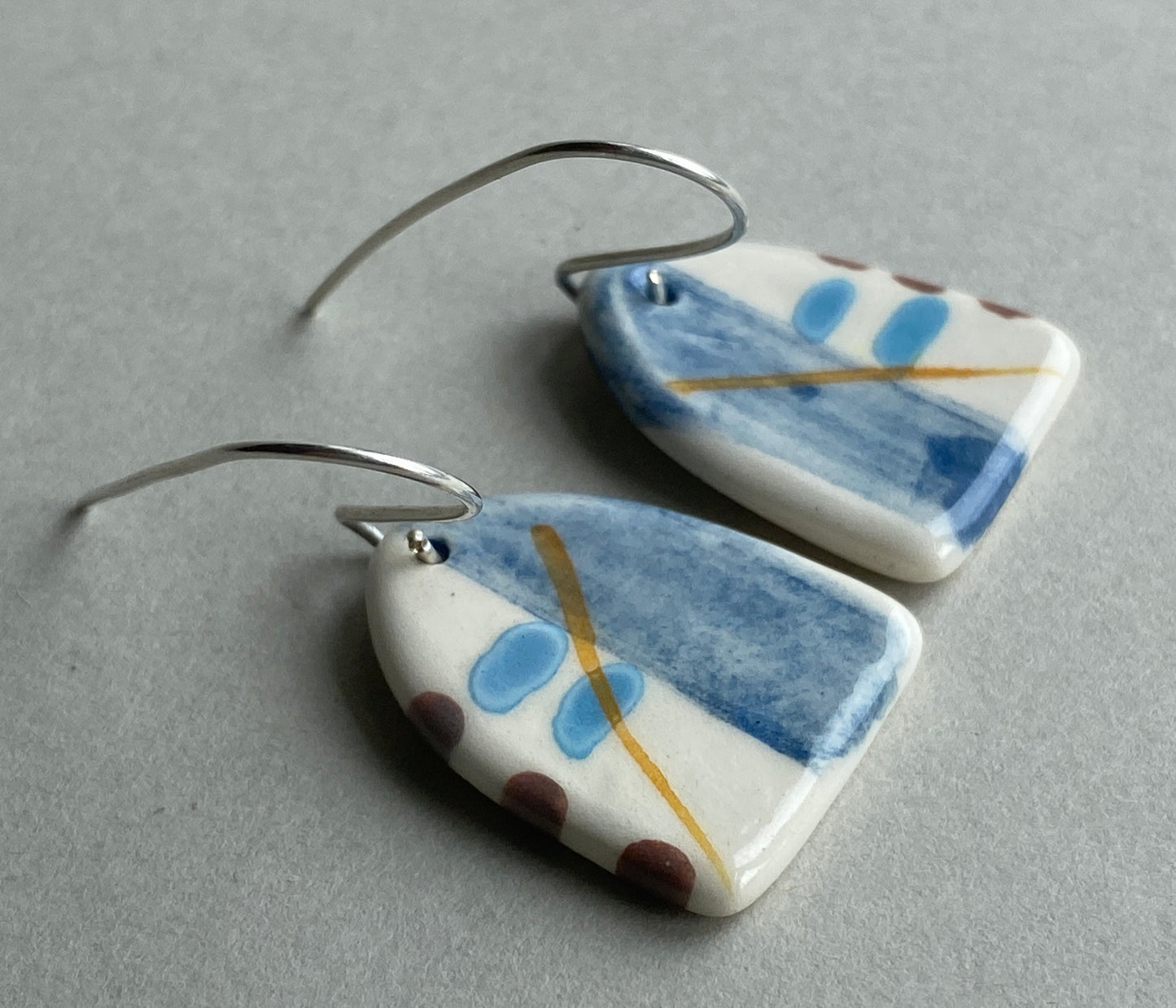 Ceramic Coastal Dangle Earrings - Navy Blue Glaze - Handmade Recycled Silver Wires