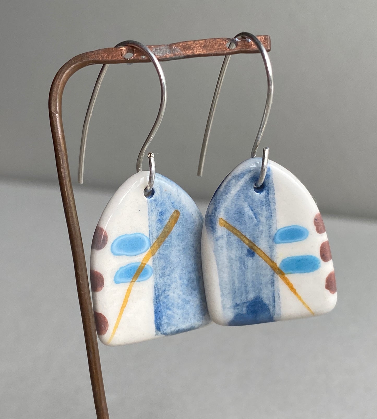 Ceramic Coastal Dangle Earrings - Navy Blue Glaze - Handmade Recycled Silver Wires