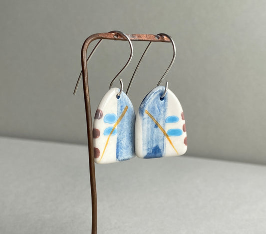 Ceramic Coastal Dangle Earrings - Navy Blue Glaze - Handmade Recycled Silver Wires