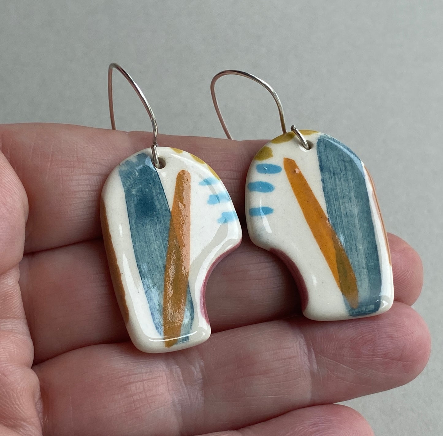 Ceramic Coastal Round Dangle Earrings - Zesty Lime and Teal - Handmade Recycled Silver Wires