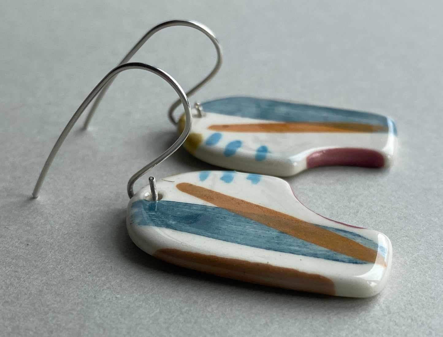 Ceramic Coastal Round Dangle Earrings - Zesty Lime and Teal - Handmade Recycled Silver Wires