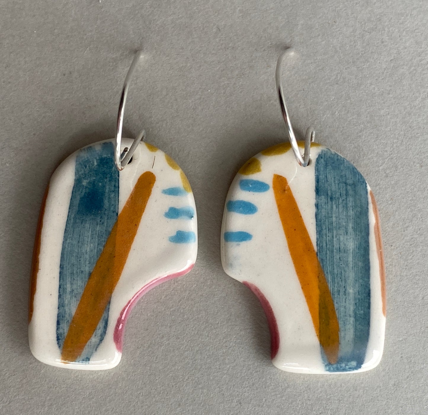 Ceramic Coastal Round Dangle Earrings - Zesty Lime and Teal - Handmade Recycled Silver Wires