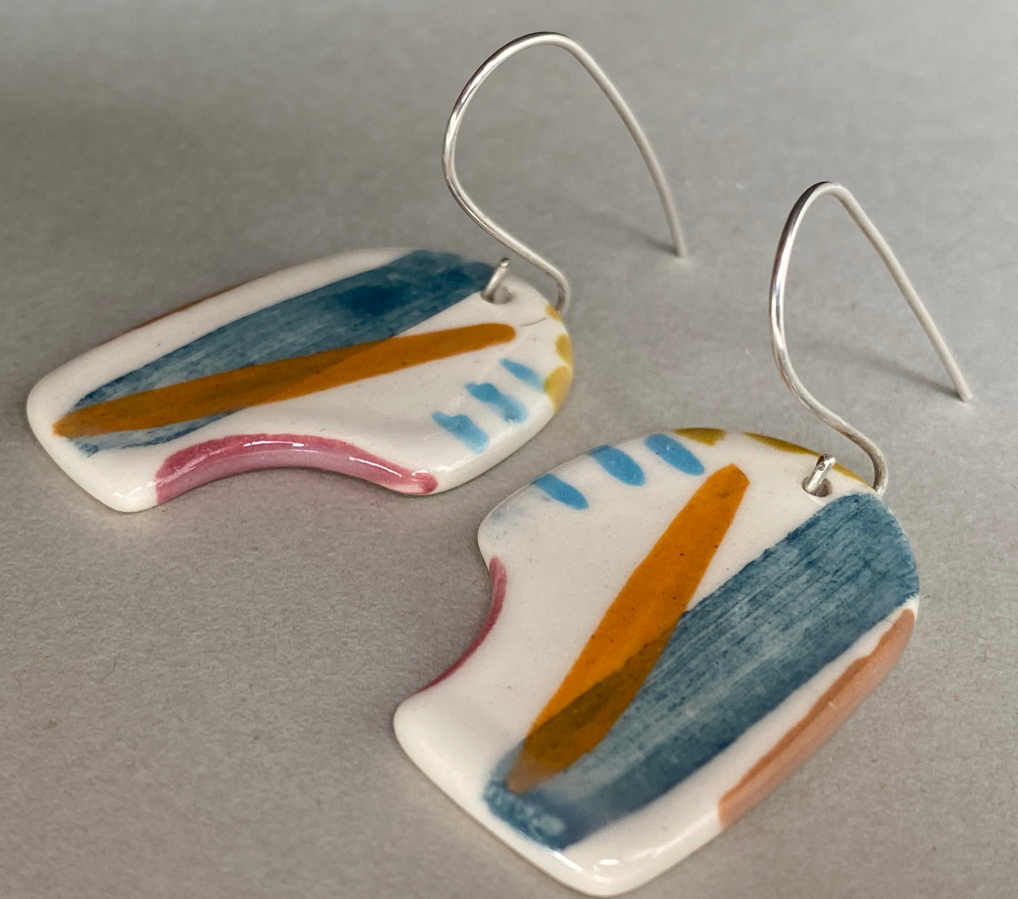 Ceramic Coastal Round Dangle Earrings - Zesty Lime and Teal - Handmade Recycled Silver Wires