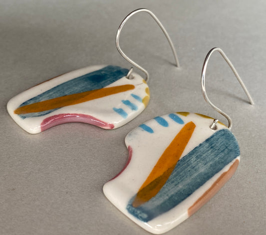 Ceramic Coastal Round Dangle Earrings - Zesty Lime and Teal - Handmade Recycled Silver Wires