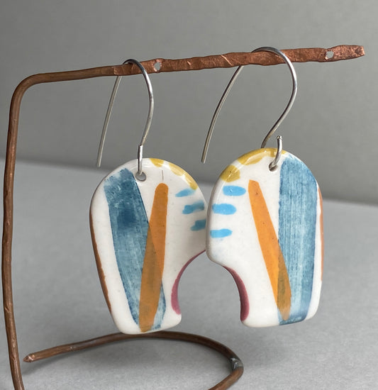 Ceramic Coastal Round Dangle Earrings - Zesty Lime and Teal - Handmade Recycled Silver Wires