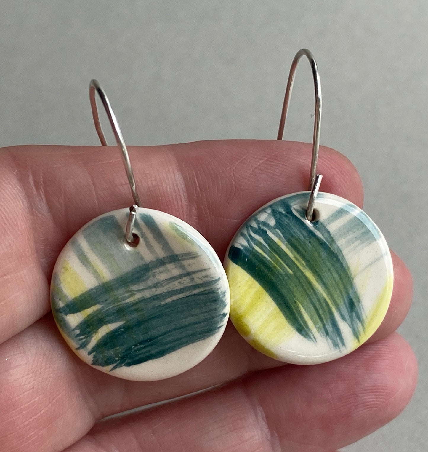 Ceramic Coastal Round Dangle Earrings - Zesty Lime and Teal - Handmade Recycled Silver Wires