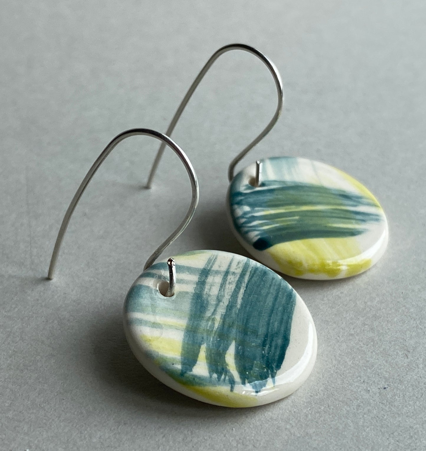 Ceramic Coastal Round Dangle Earrings - Zesty Lime and Teal - Handmade Recycled Silver Wires