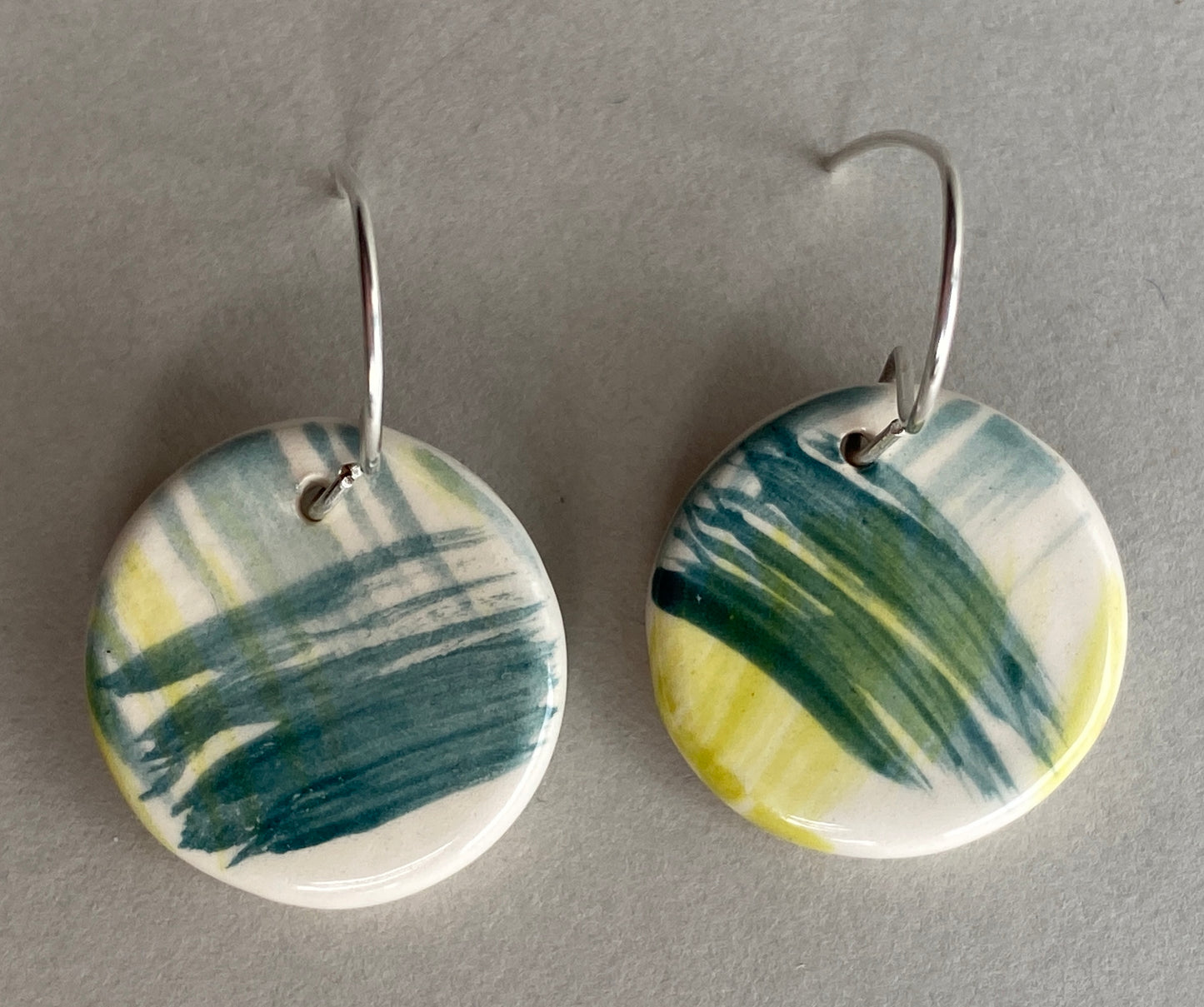 Ceramic Coastal Round Dangle Earrings - Zesty Lime and Teal - Handmade Recycled Silver Wires
