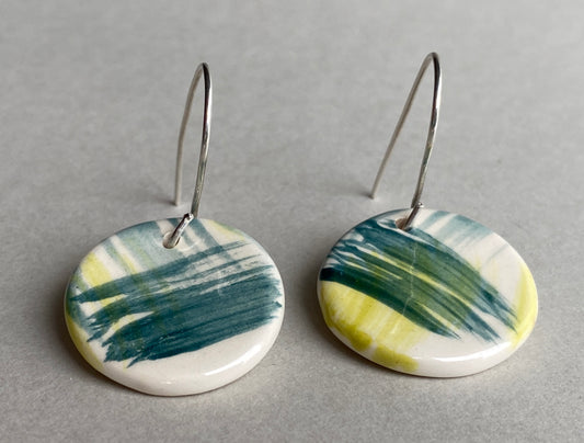Ceramic Coastal Round Dangle Earrings - Zesty Lime and Teal - Handmade Recycled Silver Wires