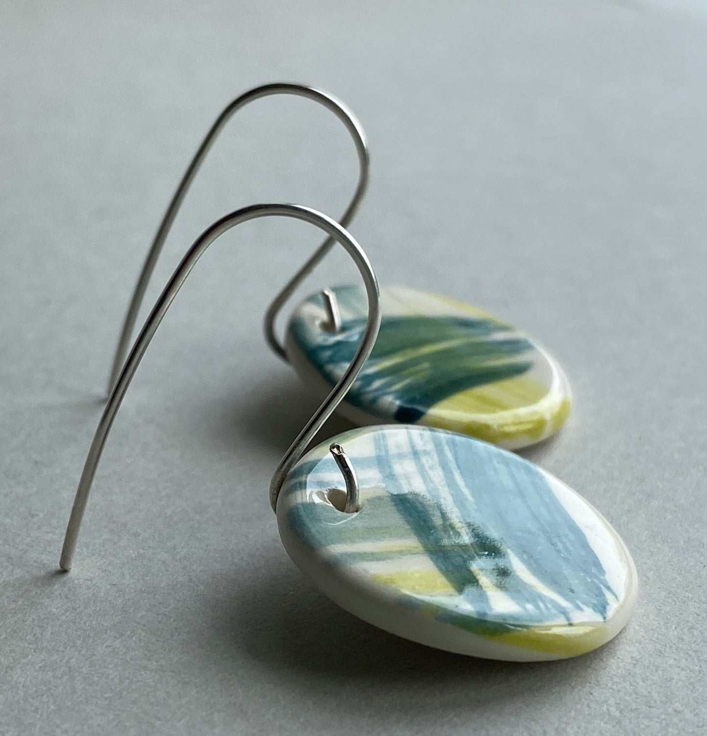 Ceramic Coastal Round Dangle Earrings - Zesty Lime and Teal - Handmade Recycled Silver Wires