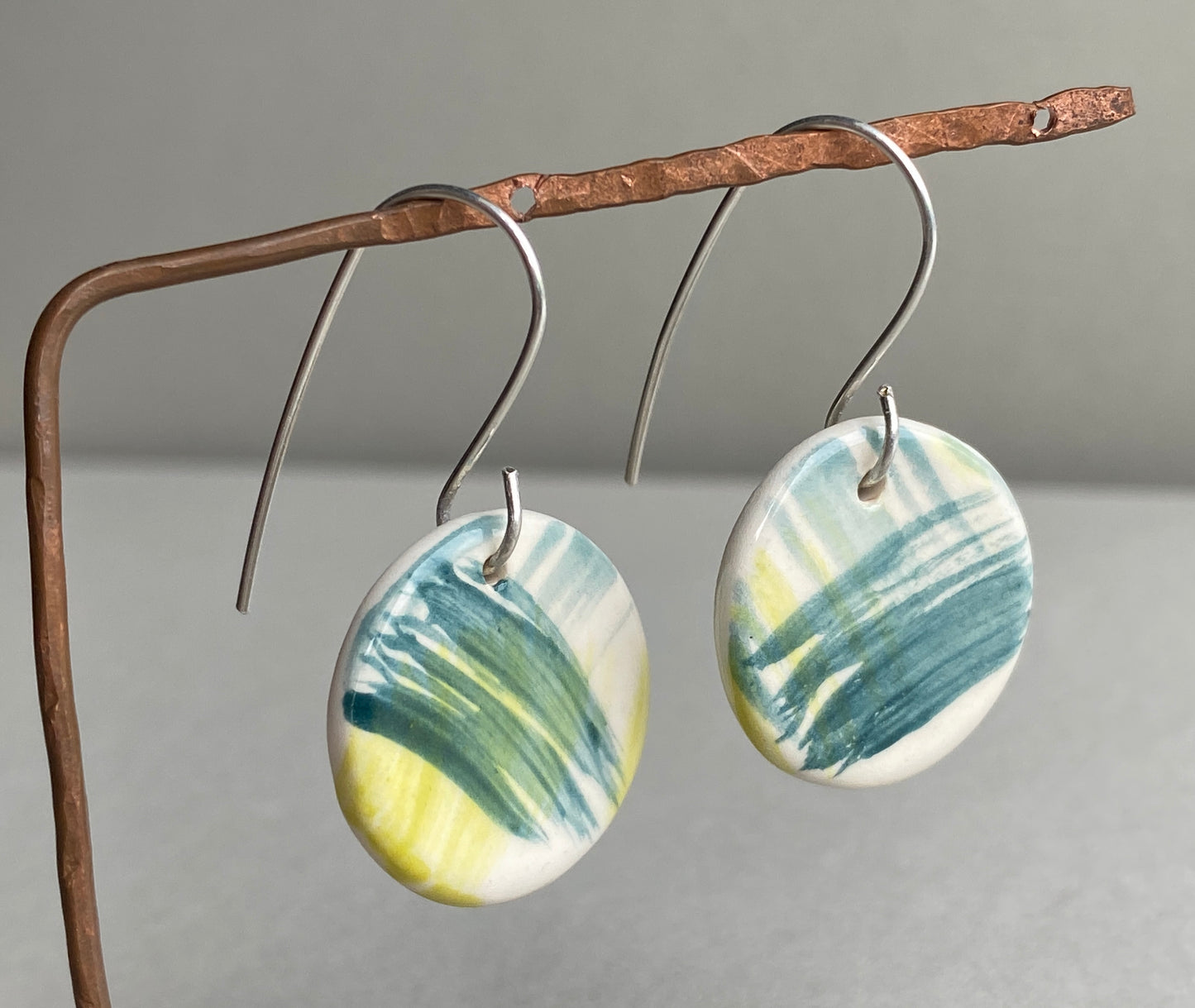 Ceramic Coastal Round Dangle Earrings - Zesty Lime and Teal - Handmade Recycled Silver Wires