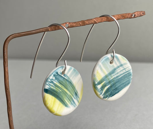Ceramic Coastal Round Dangle Earrings - Zesty Lime and Teal - Handmade Recycled Silver Wires
