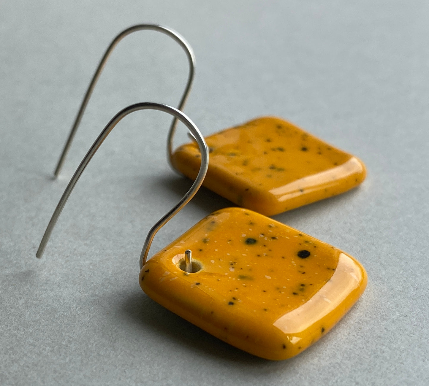 Ceramic Contemporary Dangle Earrings - Yolky Yellow Glaze - Handmade Recycled Silver Wires