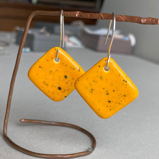 Ceramic Contemporary Dangle Earrings - Yolky Yellow Glaze - Handmade Recycled Silver Wires